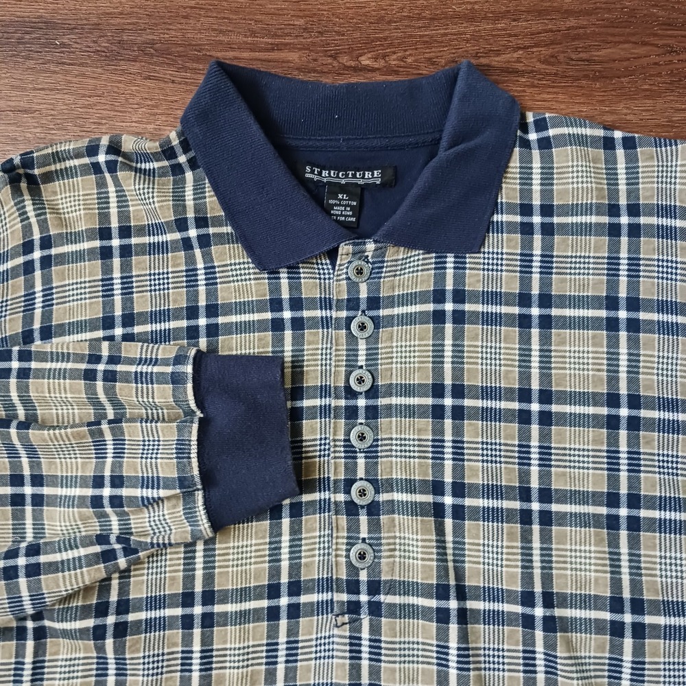 Structure Mens Vintage Plaid Long Sleeve Polo Shirt XL Navy Tan Cotton 90s